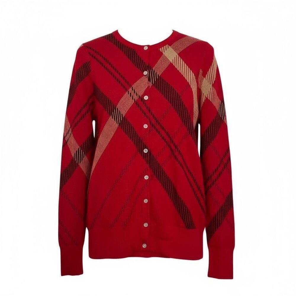 Lands' End Plaid Supima Cotton Button Front Cardigan Sweater Red Sz Medium‎ Tall